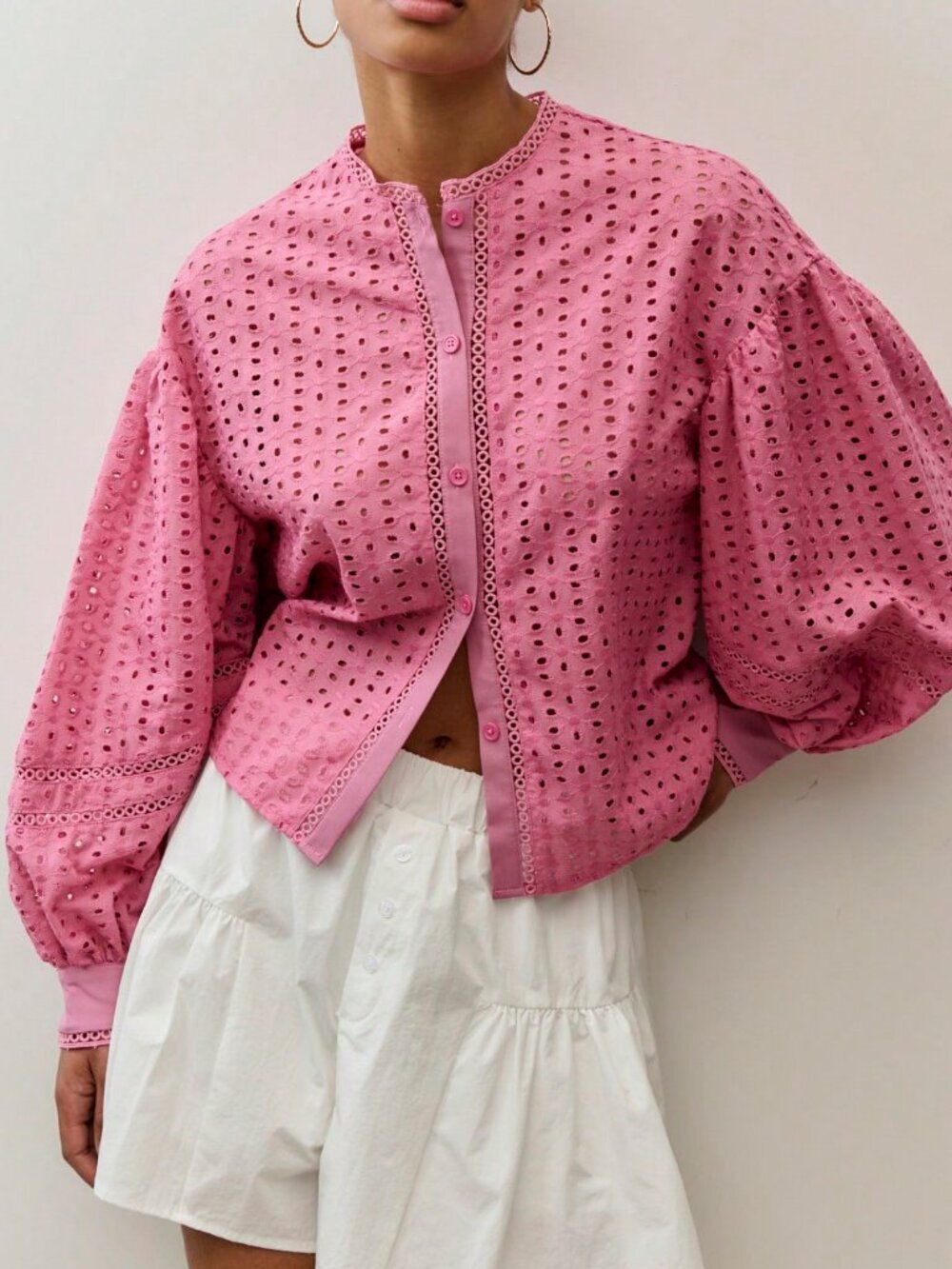 Pink Casual Women's Button Down Eyelet Blouse - Picture 4 of 6